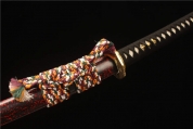 HY-322精雕黄铜仿古剑装-大马士革钢天梯纹全磨—大漆鞘武士刀——六字真言