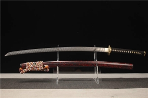 HY-322精雕黄铜仿古剑装-大马士革钢天梯纹全磨—大漆鞘武士刀——六字真言
