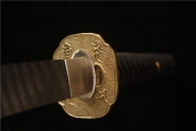HY-322精雕黄铜仿古剑装-大马士革钢天梯纹全磨—大漆鞘武士刀——六字真言